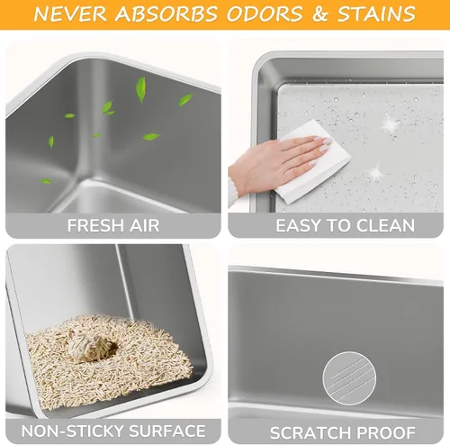 Vista 7 de Caja de arena para gatos de acero inoxidable, bandeja de arena de metal cubierta, bandejas de arena para gatos con lados altos, caja de arena