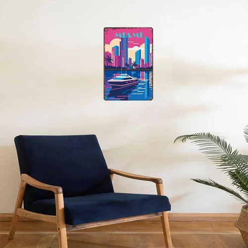 Vista 4 de Cartel de metal divertido de Miami – City Skyline, Retro, póster de los años 80 para decoración de pared para el hogar, hombre, cueva, oficina