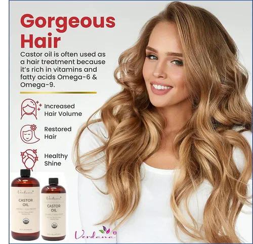 Vista 4 de Verdana Aceite de ricino orgánico, prensado en frío y sin hexano, para el cuidado del cabello y el cuero cabelludo, pestañas, cejas e hidratación