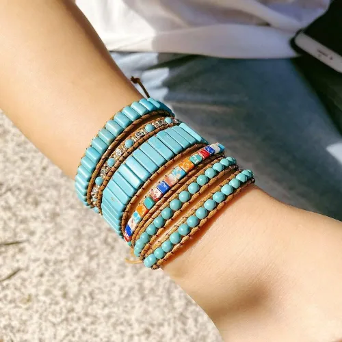 Vista 2 de Azusa Sun Pulsera cruzada hecha a mano para mujeres y hombres, bohemia, con piedras naturales, de cuero, con chakras curativos, regalo de joyería - A
