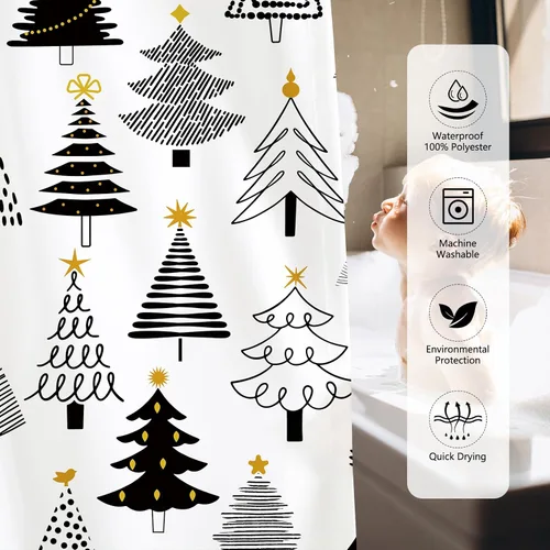 Vista 6 de MEHOFOND Cortina de Ducha de Navidad Árbol de Navidad Negro y Dorado Cortina de Ducha de Pino de Invierno Patrón Festivo de Navidad para Decoración