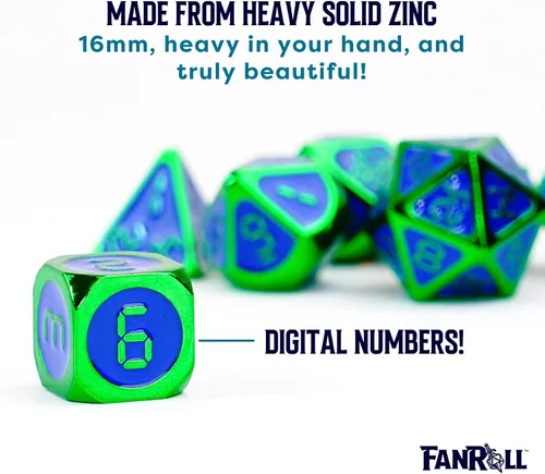 Vista 3 de FanRoll - Juego de dados poliédricos de metal de 0.630 in: verde con esmalte azul, dados de juego de rol para Calabozos y Dragones