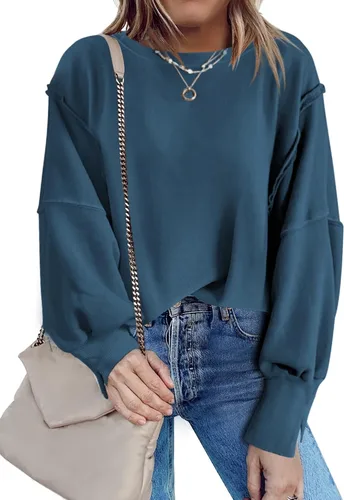 Vista 2 de Nirovien Sudadera de gran tamaño con cuello redondo para mujer, con abertura lateral, manga larga, ajuste holgado