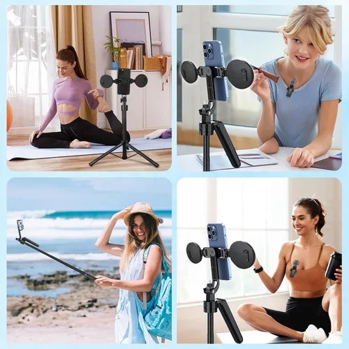 Vista 5 de Content Creator - Kit de vlogging para iPhone/Android, trípode de seguimiento facial automático de 70 pulgadas para iPhone con micrófonos ligeros e