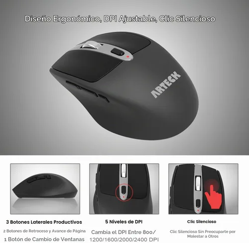 Vista 3 de Arteck Combo de teclado y mouse inalámbricos de 2.4G, teclado ultradelgado de tamaño completo y ratones ergonómicos para computadora, computadora