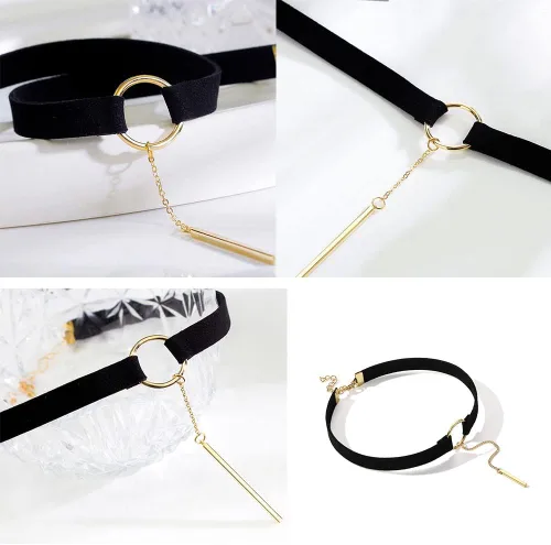 Vista 3 de Collar de Gargantilla Negro y Dorado de Cuero Ancho Collar de Gargantilla de Oro y Plata con Barra Colgante de Cadena Larga para Mujeres y Niñas