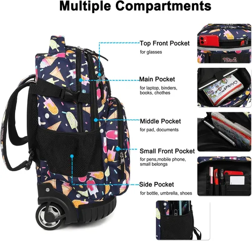 Vista 2 de Tilami Mochila rodante Armadura Equipaje Escuela Libro de Viaje Portátil 18 Pulgadas Mochila con Ruedas Multifunción Estudiantes, negro verano