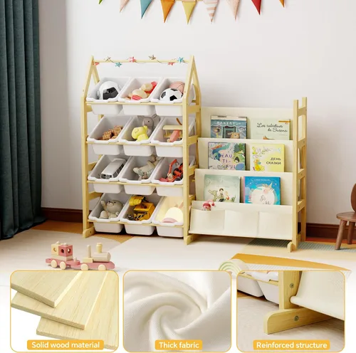Vista 3 de Organizador de Almacenamiento de Juguetes de Madera Estantería para Niños, con 12 Contenedores Organizadores de Juguetes, Estante de Libros