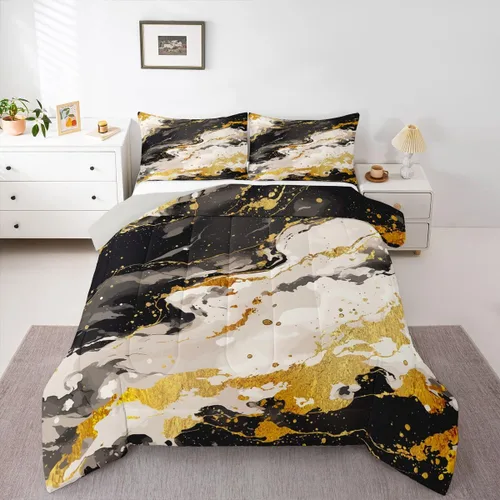 Vista 38 de Feelyou Juego de edredón abstracto para todas las estaciones, juego de ropa de cama negro y azul con 1 funda de almohada con estampado de mármol