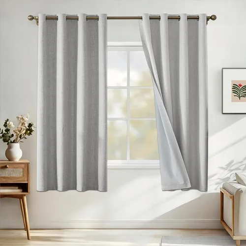 Vista 13 de Cortinas 100% opacas para dormitorio, cortinas opacas de 63 pulgadas de largo, cortinas opacas de lino para sala de estar, cortinas con ojales