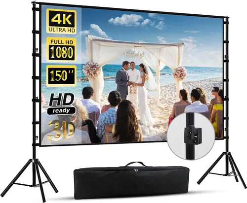Vista 9 de Pantalla de proyector de 100 pulgadas con soporte, pantalla de proyección para interiores, pantalla de cine frontal trasera portátil 16:9 4K HD