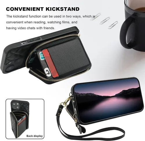 Vista 5 de Bocasal - Funda tipo cartera cruzada para iPhone 14 Plus, color negro RFID Blocking PU Leather Zipper Handbag Purse, Kickstand Flip Folio Case
