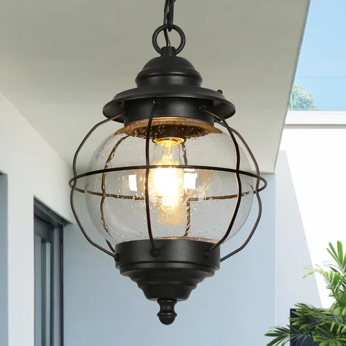 Vista 12 de Lámpara colgante para exteriores, luces colgantes antioxidantes exteriores de granja, luz de techo negra para exteriores con vidrio sembrado Negro