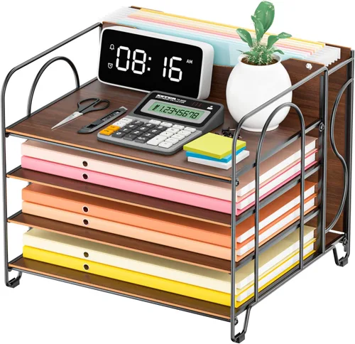 Vista 8 de LUCYCAZ Organizador de papel de 4 niveles para escritorio, organizador de escritorio de madera, organizador de bandeja de papel de metal