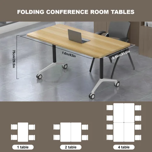 Vista 2 de Mesa de conferencias con tapa abatible, mesa modular plegable para sala de conferencias con ruedas, mesa de sala de reuniones con ruedas, mesa Hoja