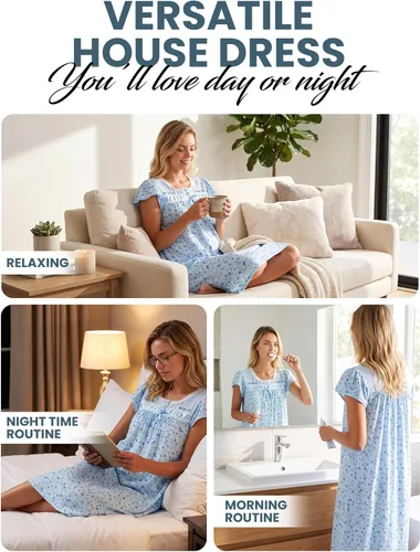 Vista 5 de Casual Nights Camisón de manga larga para mujer, diseño floral. Azul