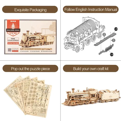 Vista 4 de ROKR Rompecabezas de madera 3D para adultos, kits de modelo de tren mecánico, rompecabezas de acertijos, kits de construcción de vehículos, regalo