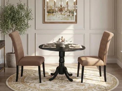 Vista 2 de East West Furniture DLBR3-BLK-17 - Juego de muebles de comedor de 3 piezas que contiene una mesa de comedor redonda con gotas y 2 sillas tapizadas