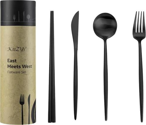 Vista 13 de KiiZYs Juego de cubiertos negro mate – Juego de cubiertos modernos de 14 piezas de acero inoxidable – Palillos de metal para cocina, tenedor