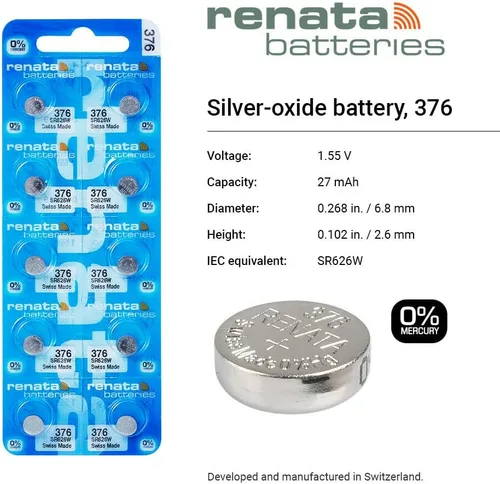 Vista 2 de Renata 376 SR626W Baterías – 1.55 V Óxido de Plata 376 Batería de reloj (2 unidades)