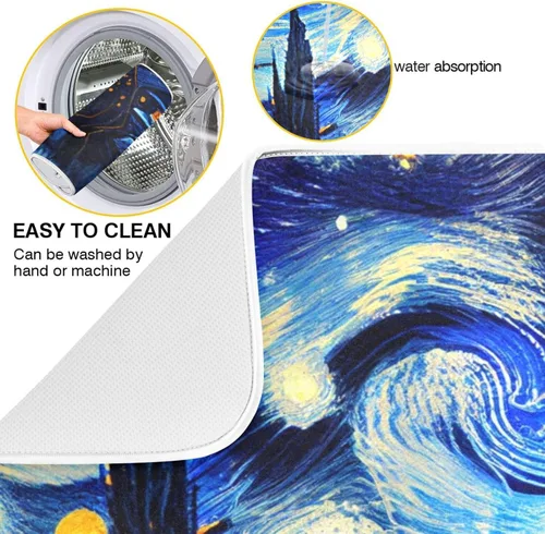 Vista 2 de Vnurnrn Tapete de secado nocturno de platos estilo Van Gogh para encimera de cocina, tapete escurridor de platos de microfibra, absorbente de secado