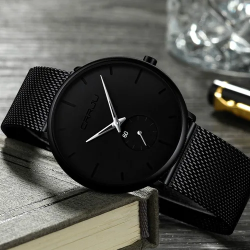 Vista 4 de CRRJU Reloj de pulsera analógico de cuarzo para hombre, esfera negra con correa de malla