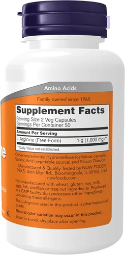 Vista 2 de NOW Suplementos, L-Arginina 500 mg, Precursor de Óxido Nítrico*, Aminoácido, 100 Cápsulas Vegetales