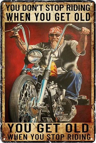 Vista 13 de Carteles de motocicleta Ubewair Regalos de motocicleta para hombres Arte de motocicleta de metal Decoración de pared Nunca subestimes a un viejo