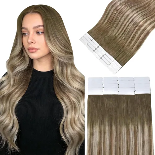 Vista 11 de Easyouth Extensiones de cabello humano rubio con cinta, extensiones de cabello humano rubio blanco, 12 pulgadas, 20 unidades, 1.06 onzas