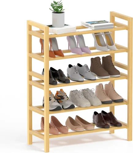 Vista 10 de Zapatero de bambú organizador de zapatos de pie libre, marrón, 5 niveles