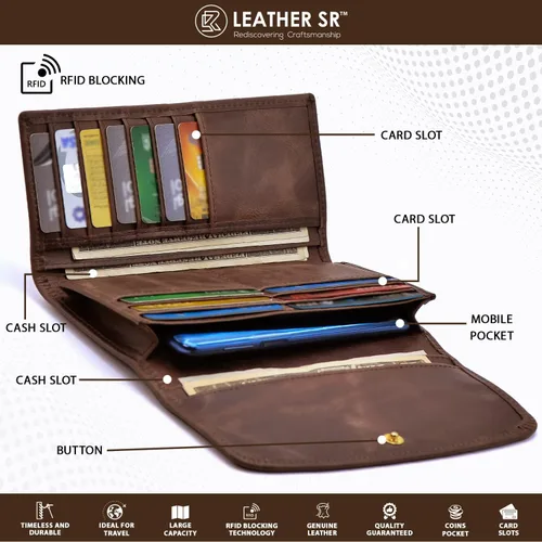 Vista 2 de Leather SR Cartera de cuero de grano superior RFID para mujer, con aspecto vintage resistente con 13 ranuras para tarjetas, 2 compartimentos