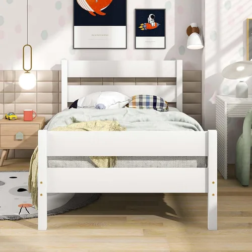 Vista 14 de Base de cama de plataforma de madera de tamaño individual con cabecera y estribo de estilo moderno, marco de cama de madera con patas de soporte