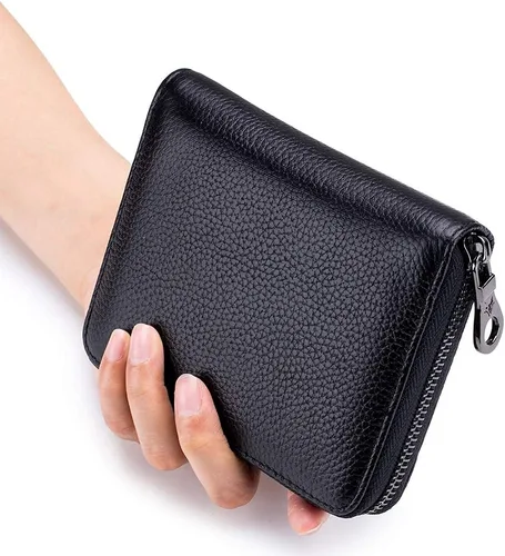 Vista 3 de Funda de cuero genuino para tarjetas de crédito, cartera de tarjetas RFID, cartera de viaje para pasaporte, Cartera delgada