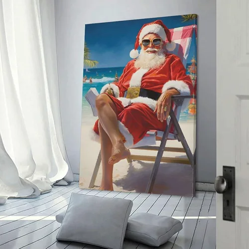 Vista 3 de LohxA Weihnachtsmann Im Urlaub - Descarga digital para Festliches Wand-Dekor - Druckbares Weihnachts-Ölge - Póster de pared en lienzo
