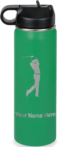 Vista 38 de LaserGram Botella de agua personalizada, golfista de golf, acero inoxidable de doble pared aislada al vacío con popote superior, regalo grabado Negro