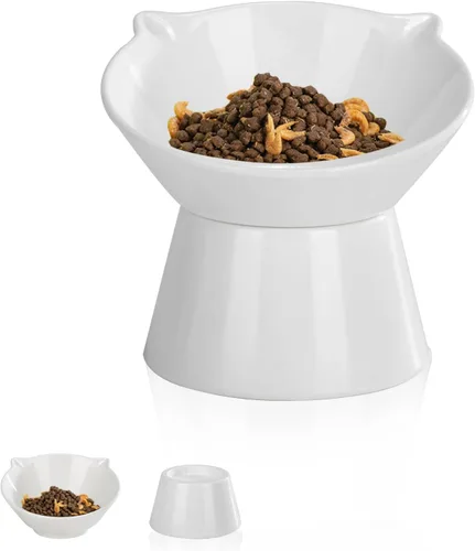 Vista 10 de Cuencos elevados desmontables para gatos, tazón elevado inclinado de 15° para gatos anti-vómito, amigable con los bigotes, platos ajustables
