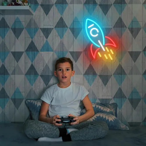 Vista 5 de Letrero de neón de cohete, luz LED de cohete para regalo de niño, letrero de luz regulable con alimentación USB para habitación de niños, sala
