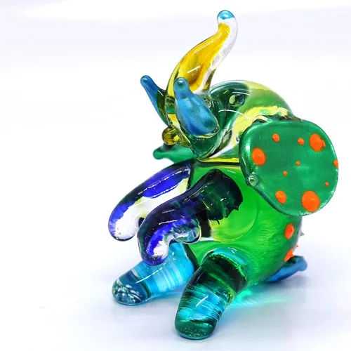 Vista 6 de Figuras pequeñas en miniatura pintadas a mano de elefante sentado en vidrio soplado, decoración del hogar, colección de animales, regalo (azul verde)