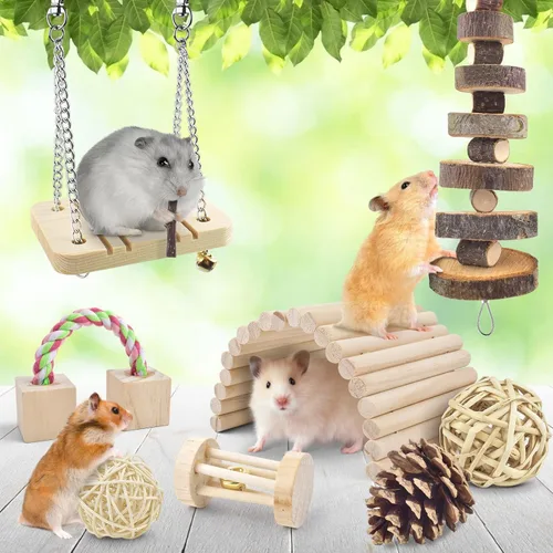 Vista 6 de ERKOON Paquete de 12 juguetes masticables de hámster, rata jerbo, conejillo de indias, chinchilla, accesorios para jaulas, mancuernas de madera