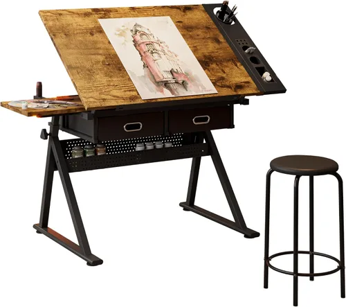 Vista 11 de Mesa de dibujo ajustable con 2 cajones y taburete, para arte y Negro