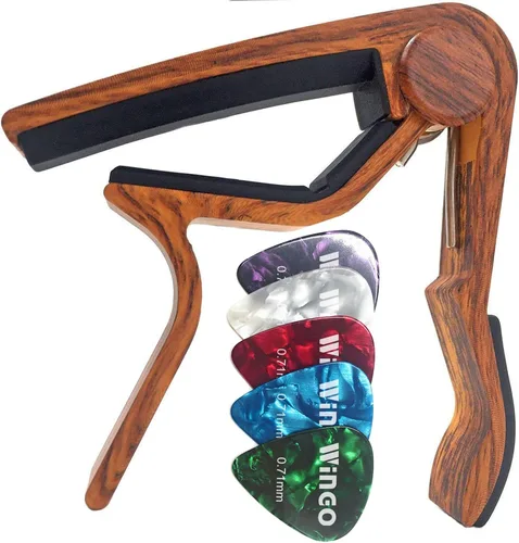 Vista 11 de WINGO Cejilla de guitarra para guitarra acústica y eléctrica con 5 púas, Burlywood Liberación rápida, sin zumbido, acero de 6 cuerdas