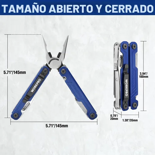 Vista 6 de WORKPRO - Alicates multiherramienta 18 en 1, cuchillo de bolsillo, 2 cerraduras de seguridad, EDC, azul Gifts for Men Dad Women Wife, Stainless