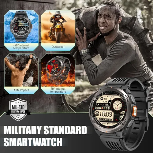 Vista 6 de Reloj inteligente militar para hombre con llamada/linterna LED, 3ATM, resistente al agua, 1.45 pulgadas, HD, resistente, táctico, con brújula