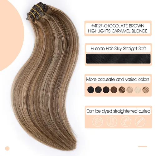 Vista 59 de VINBAO Extensiones de cabello humano con clip, balayage, color marrón ceniza a rubio caramelo, 14 pulgadas, 6 unidades, 3.53 onzas, 6