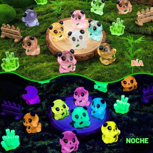 Vista 2 de 18 mini figuras luminosas de panda de resina con 2 bambúes para casa de muñecas