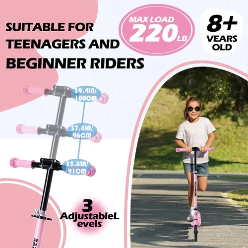 Vista 2 de Kick Scooter for Kids Ages 6+, Teens & Adults, Adjustable Handlebars, Rear Brake, Big Wheel Foldable Scooter for Indoor & Outdoor
