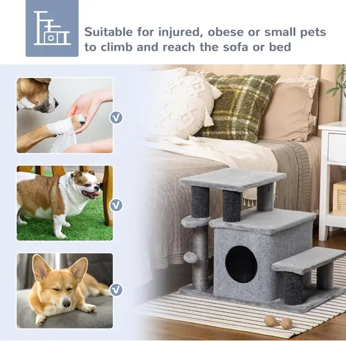Vista 6 de PawHut Escaleras para mascotas con poste rascador de sisal para gatos Escalones para gatos de altura ajustable de 3/4, condominio, pelota de juguete