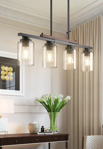 Vista 8 de Amico Lámpara de Comedor de 4 Luces para Isla de Cocina con Varillas Ajustables, Candelabro de Decoración Rústica de Metal Negro y Madera