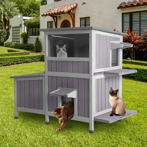 Vista 9 de GUTINNEEN Casa de Gatos al Aire Libre Resistente al Agua, Refugio para Gatos Ferales con Balcón, Refugio de Madera para Gatos Impermeable