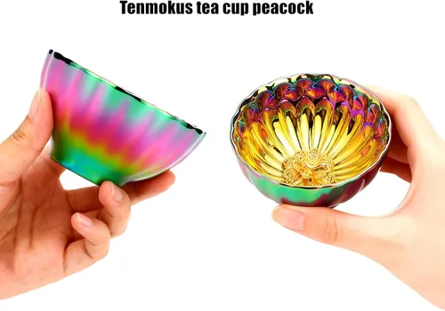 Vista 4 de Jianzhan Tenmoku - Taza de té con pavo real dorado, taza de té chino 3D de Kungfu de porcelana, 5 onzas Color Astilla Pavo Real